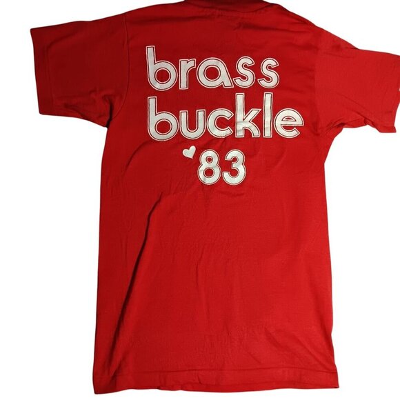 MEDIUM 10-12 Vintage 1980's Boys T-SHIRT  RED HANES BRASS BUCKLE GRAPHIC - Picture 1 of 7